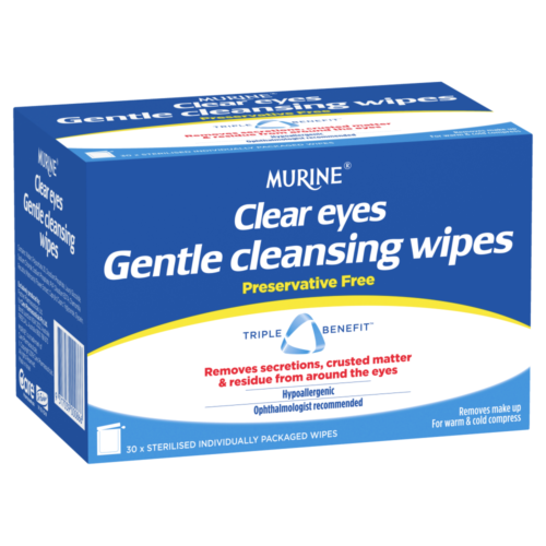 Murine Clear Eyes Gentle Wipes, pack of 30, preservative-free wipes for sensitive eye cleansing and irritation relief.