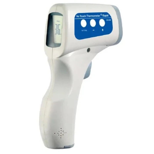 A white Rapid No Touch Infrared Thermometer sits upright on a white background. The thermometer has a sleek design with a probe tip and a large, digital display.  