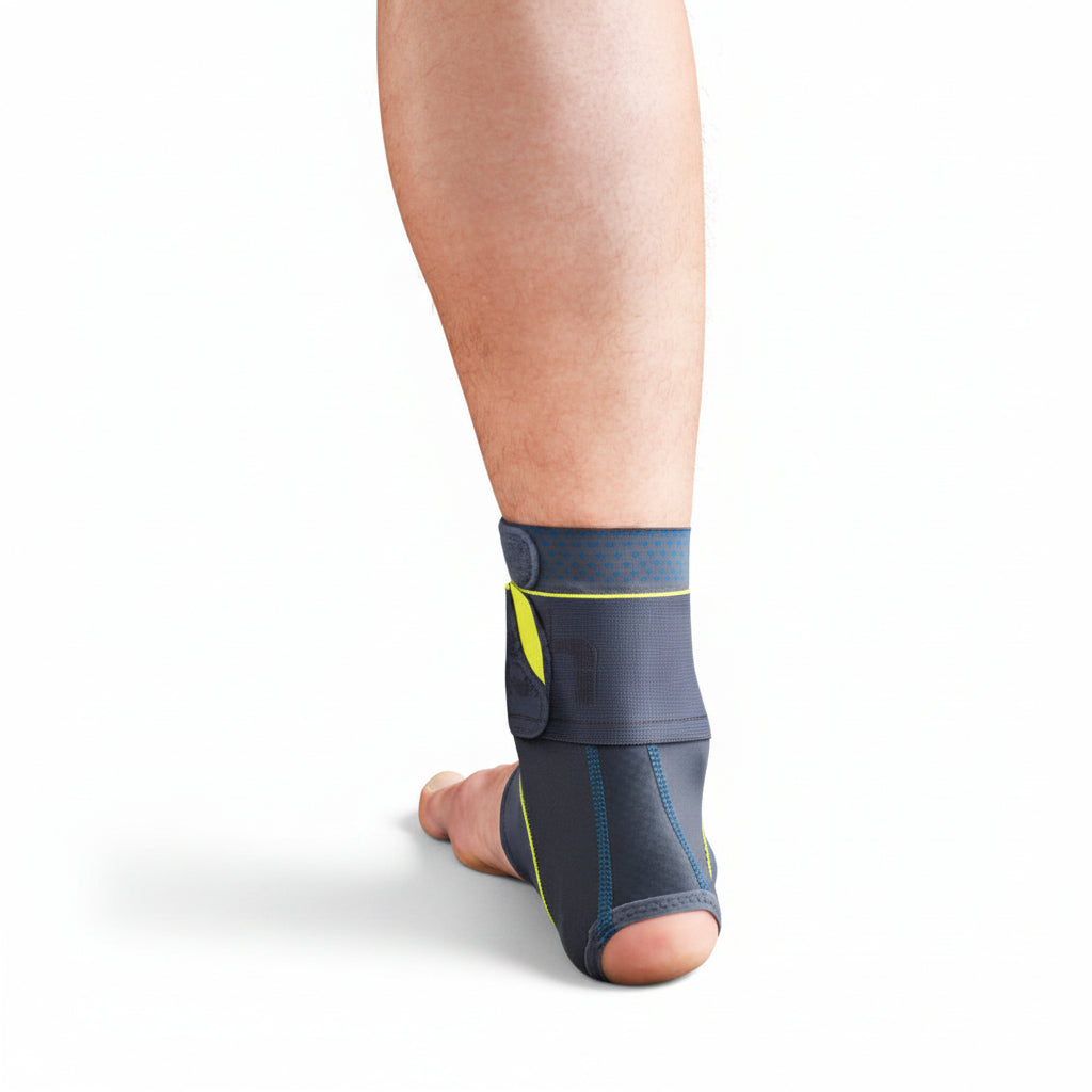 Close-up of Push Sports Ankle Brace 8 strap wrapped around the ankle in the shape of an 8 for firm compression