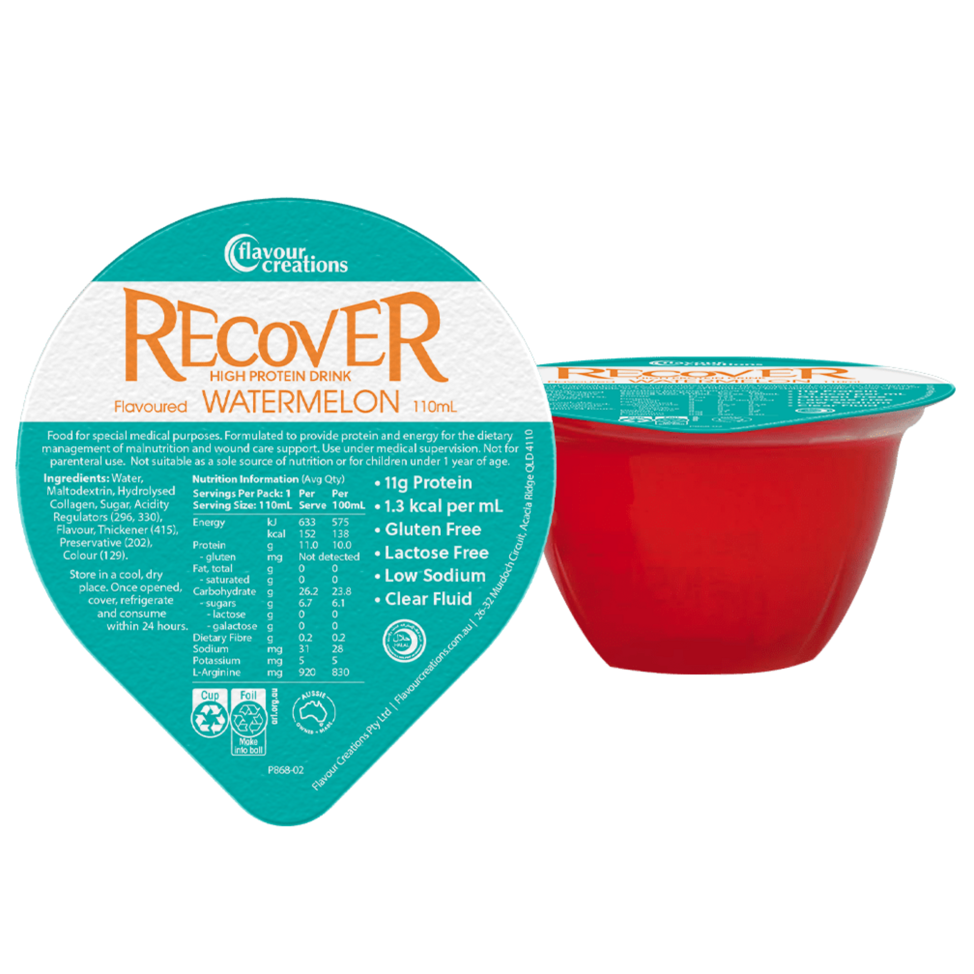 A single 110ml bottle of Recover 11g High Protein Energy Supplement in Watermelon flavor.