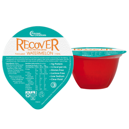A single 110ml bottle of Recover 11g High Protein Energy Supplement in Watermelon flavor.