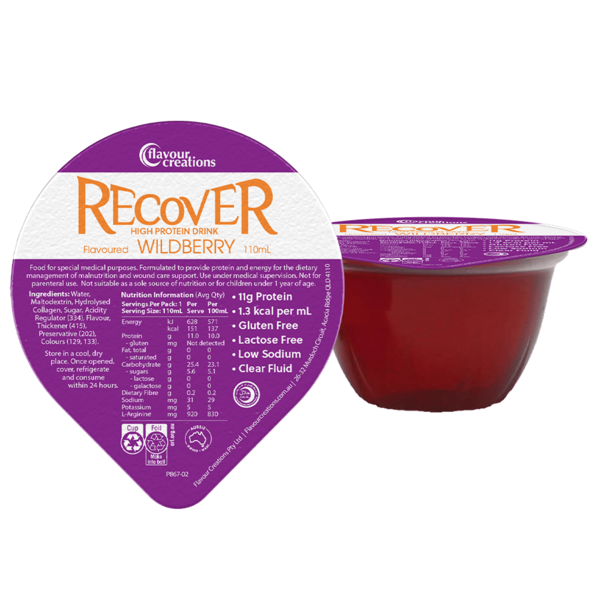 A 110ml cup of Recover 11g High Protein Energy Supplement in Wildberry flavor.