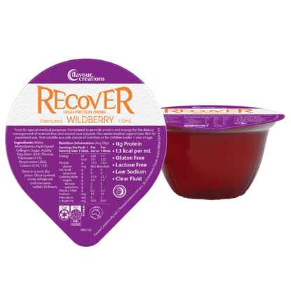 A 110ml cup of Recover 11g High Protein Energy Supplement in Wildberry flavor.