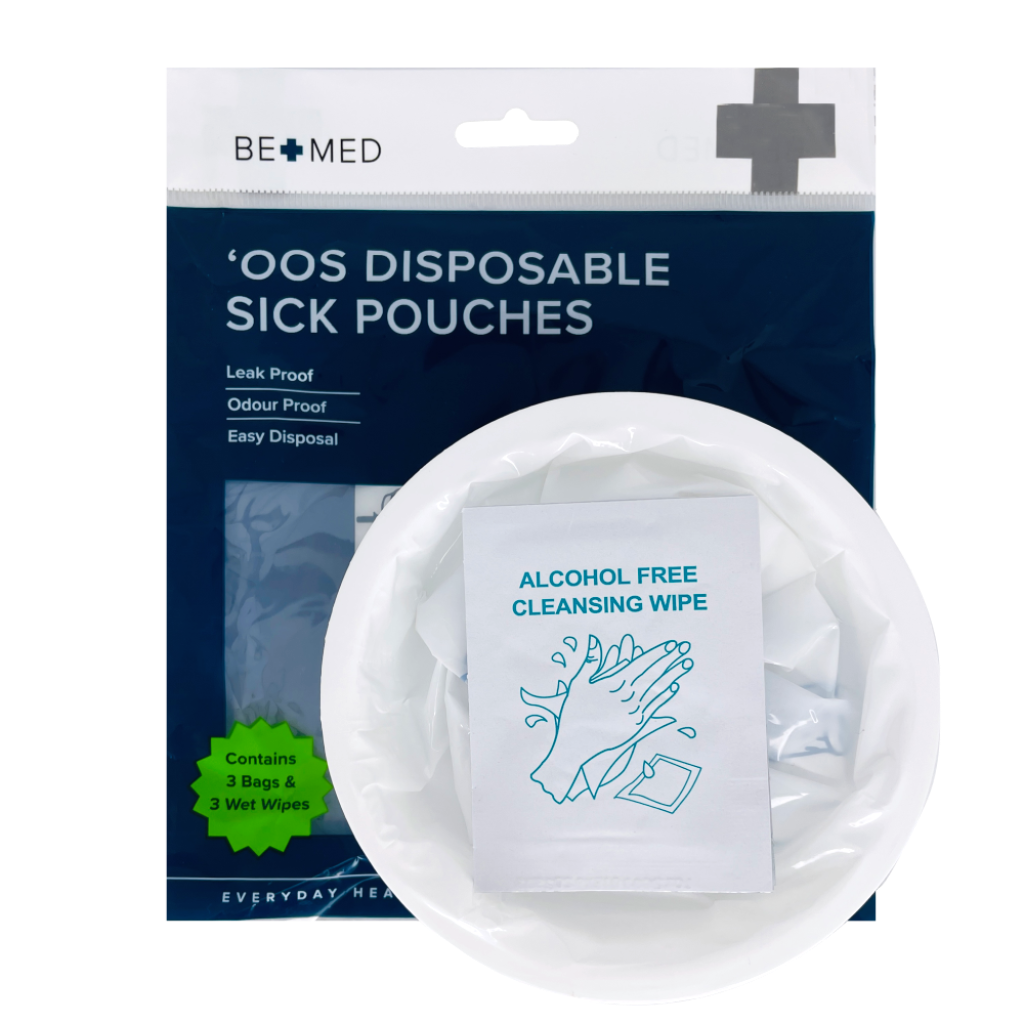 Vomit bag with wipes 1500mL pack of 3 disposable emesis bags.