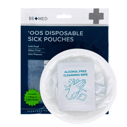 Vomit bag with wipes 1500mL pack of 3 disposable emesis bags.