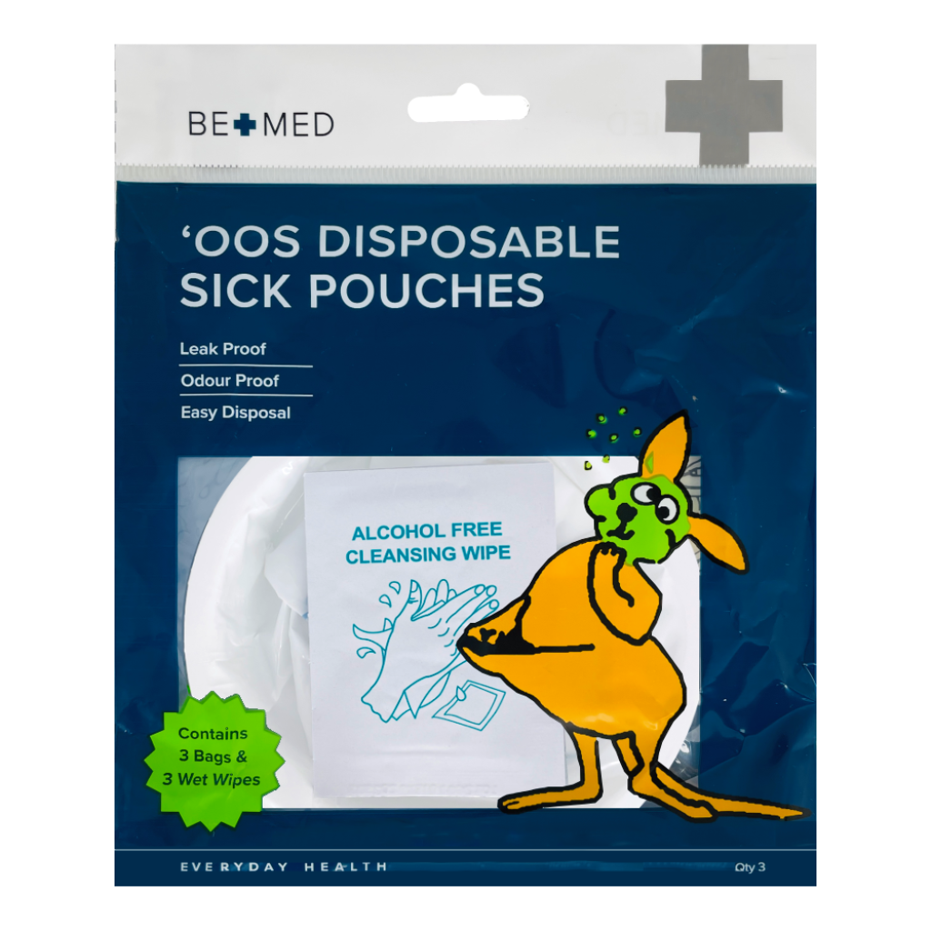 Pack contents showing disposable vomit bag and included wipes.