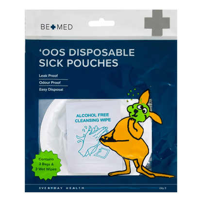 Pack contents showing disposable vomit bag and included wipes.