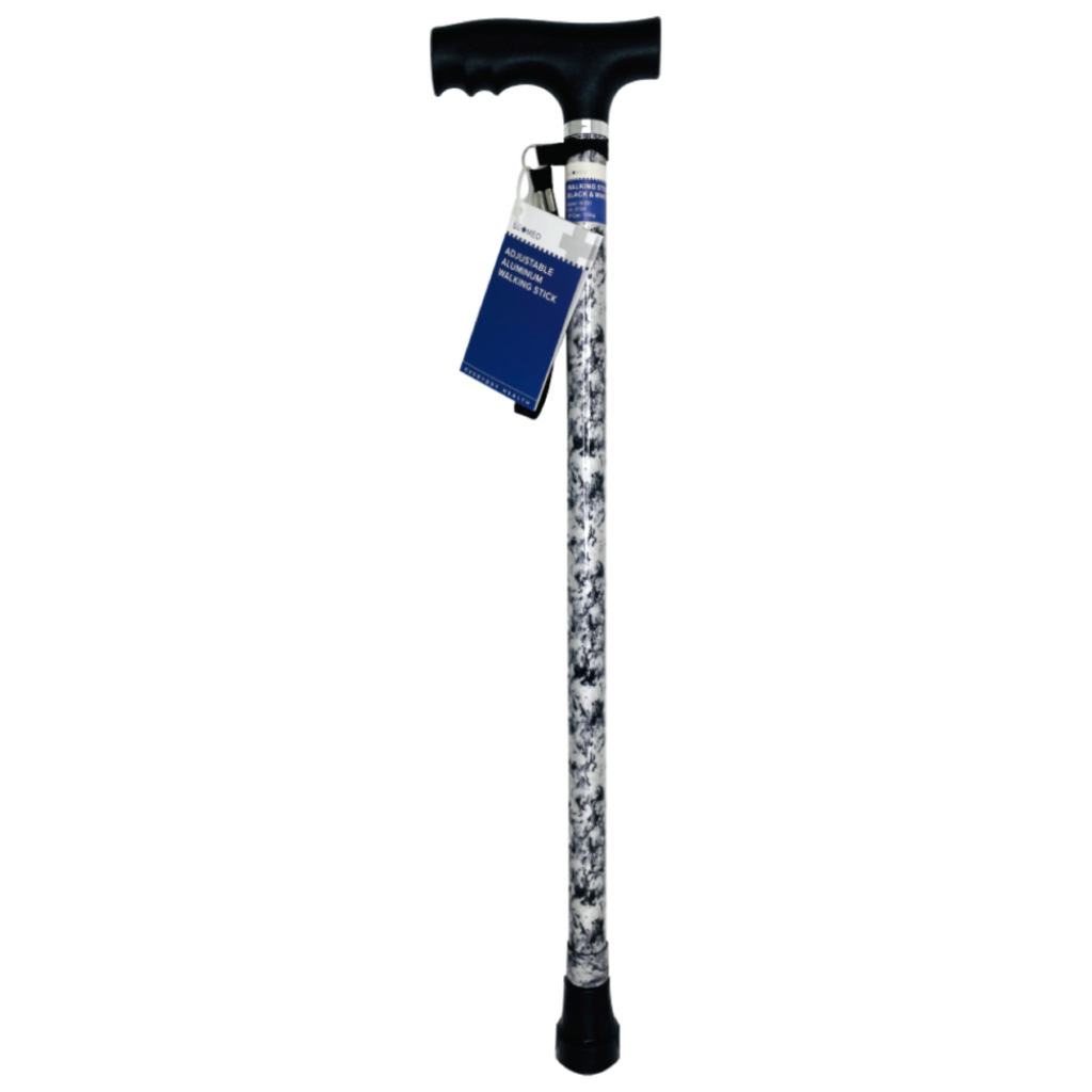 Close-up of height adjustment mechanism on black and white walking stick.