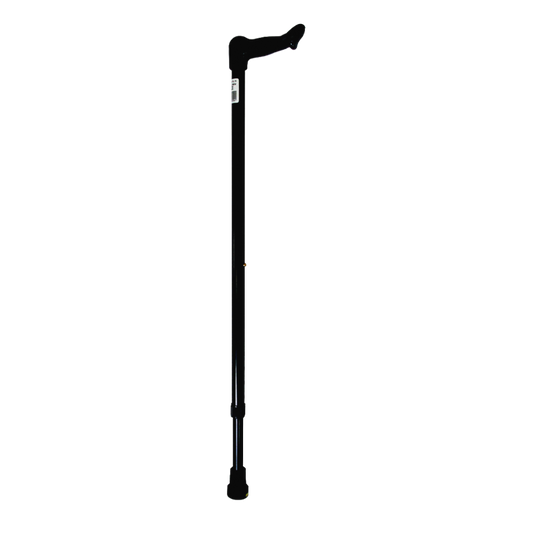 Left-hand anatomic walking stick in black with ergonomic contoured handle.