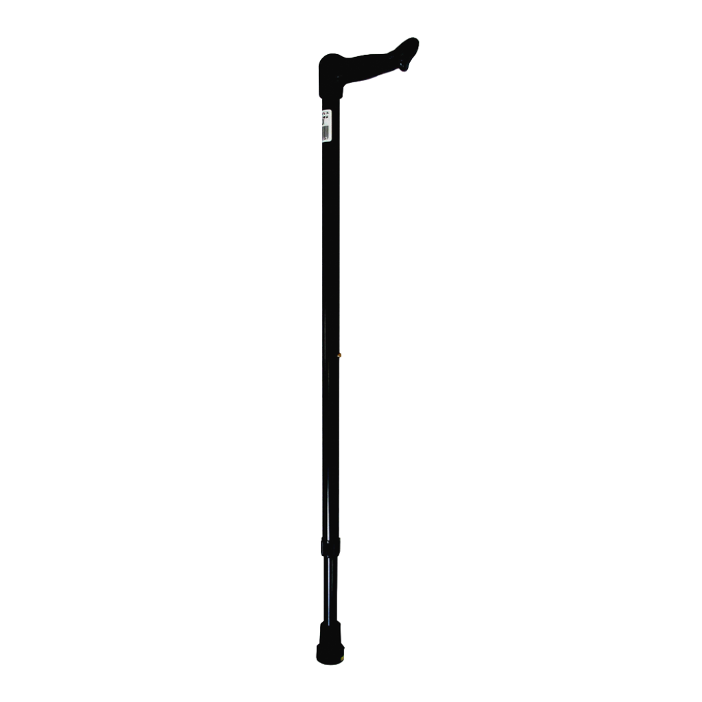 Right-hand anatomic walking stick in black with ergonomic contoured handle.