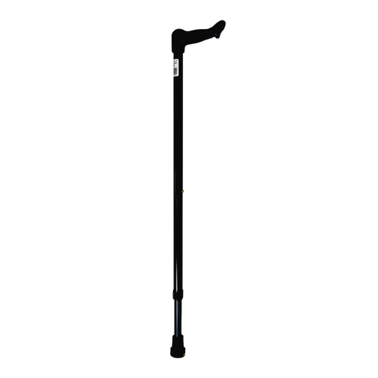Right-hand anatomic walking stick in black with ergonomic contoured handle.