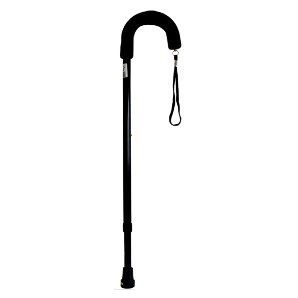 Black crook-handle walking stick showing classic curved handle and shaft.