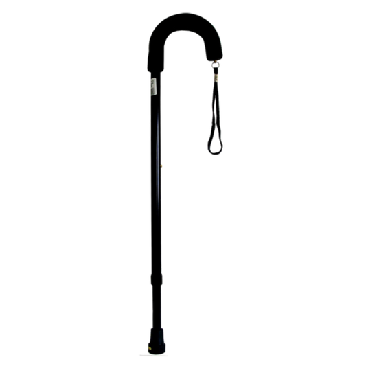 Black crook-handle walking stick showing classic curved handle and shaft.